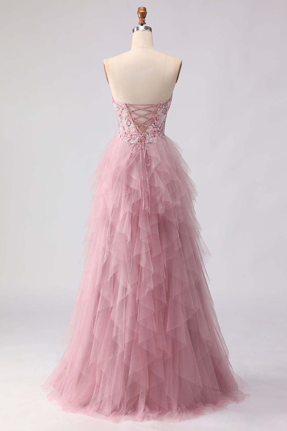 Floral Pink Tulle Spaghetti Straps Ball Gown Maxi Prom Dress