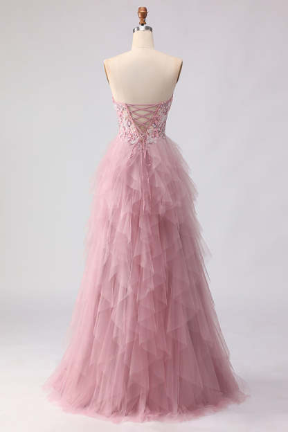 Floral Pink Tulle Spaghetti Straps Ball Gown Maxi Prom Dress