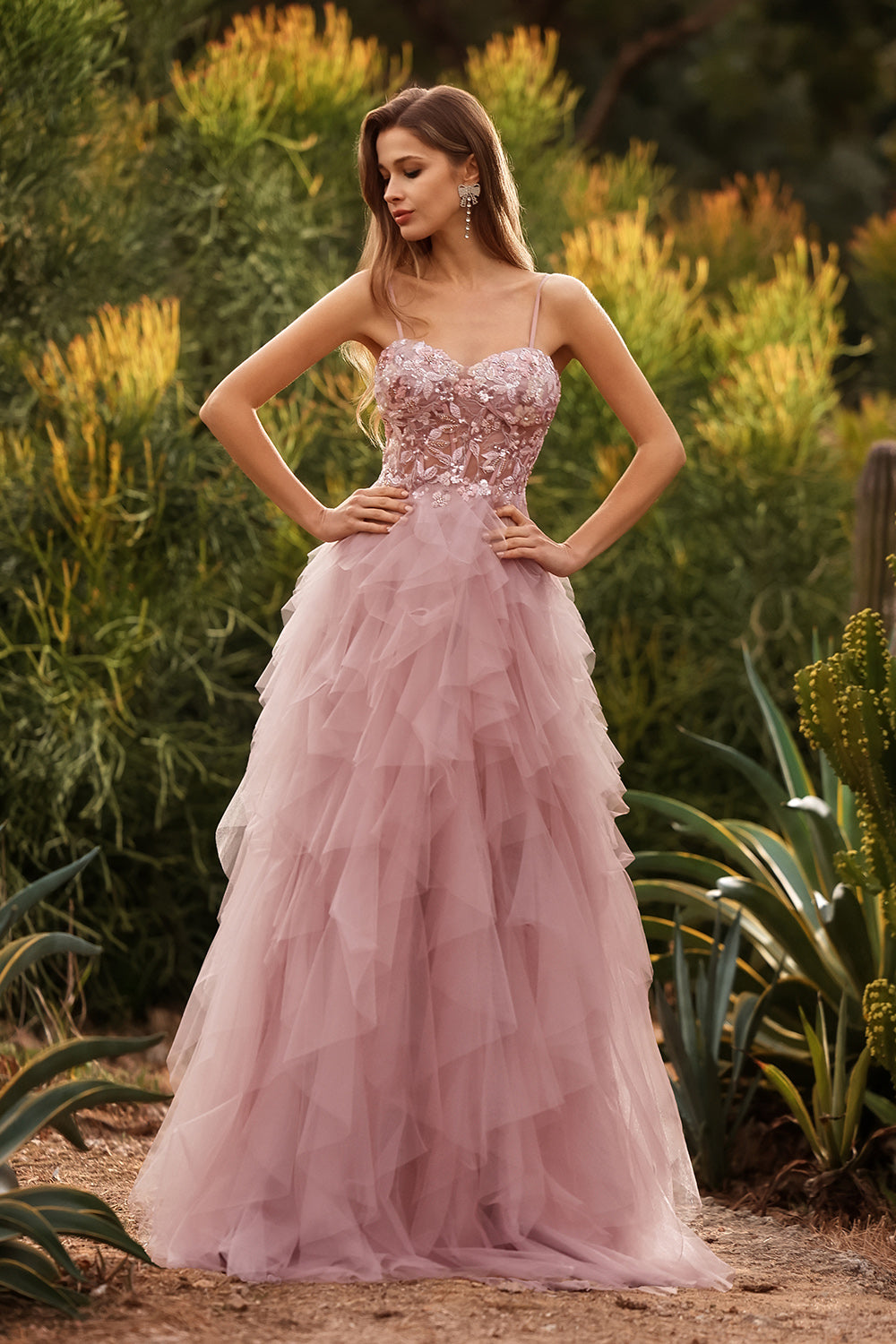 Floral Pink Tulle Spaghetti Straps Ball Gown Maxi Prom Dress