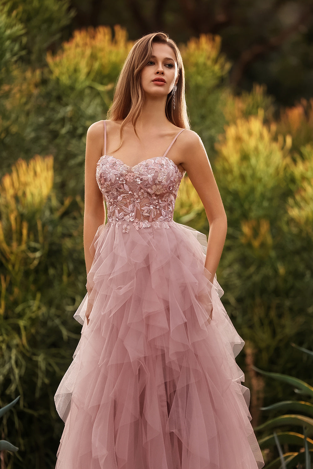 Floral Pink Tulle Spaghetti Straps Ball Gown Maxi Prom Dress
