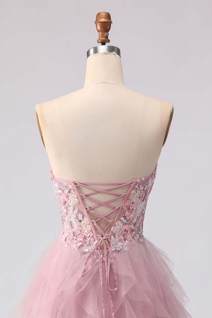 Floral Pink Tulle Sweetheart A Line Long Prom Dress with Beading