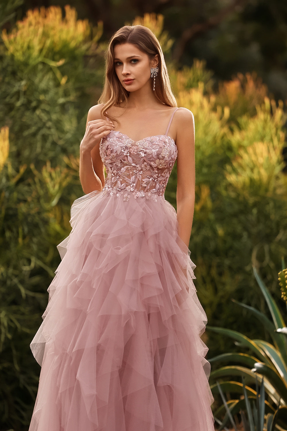 Floral Pink Tulle Spaghetti Straps Ball Gown Maxi Prom Dress