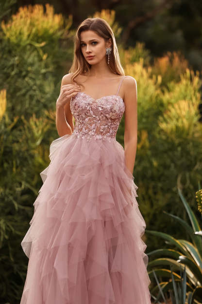 Floral Pink Tulle Spaghetti Straps Ball Gown Maxi Prom Dress