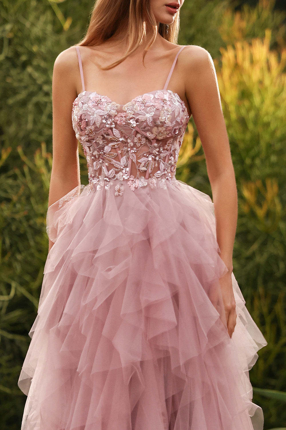 Floral Pink Tulle Spaghetti Straps Ball Gown Maxi Prom Dress