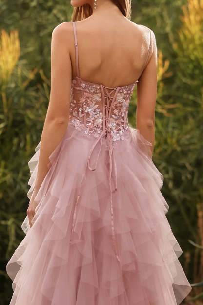 Floral Pink Tulle Spaghetti Straps Ball Gown Maxi Prom Dress