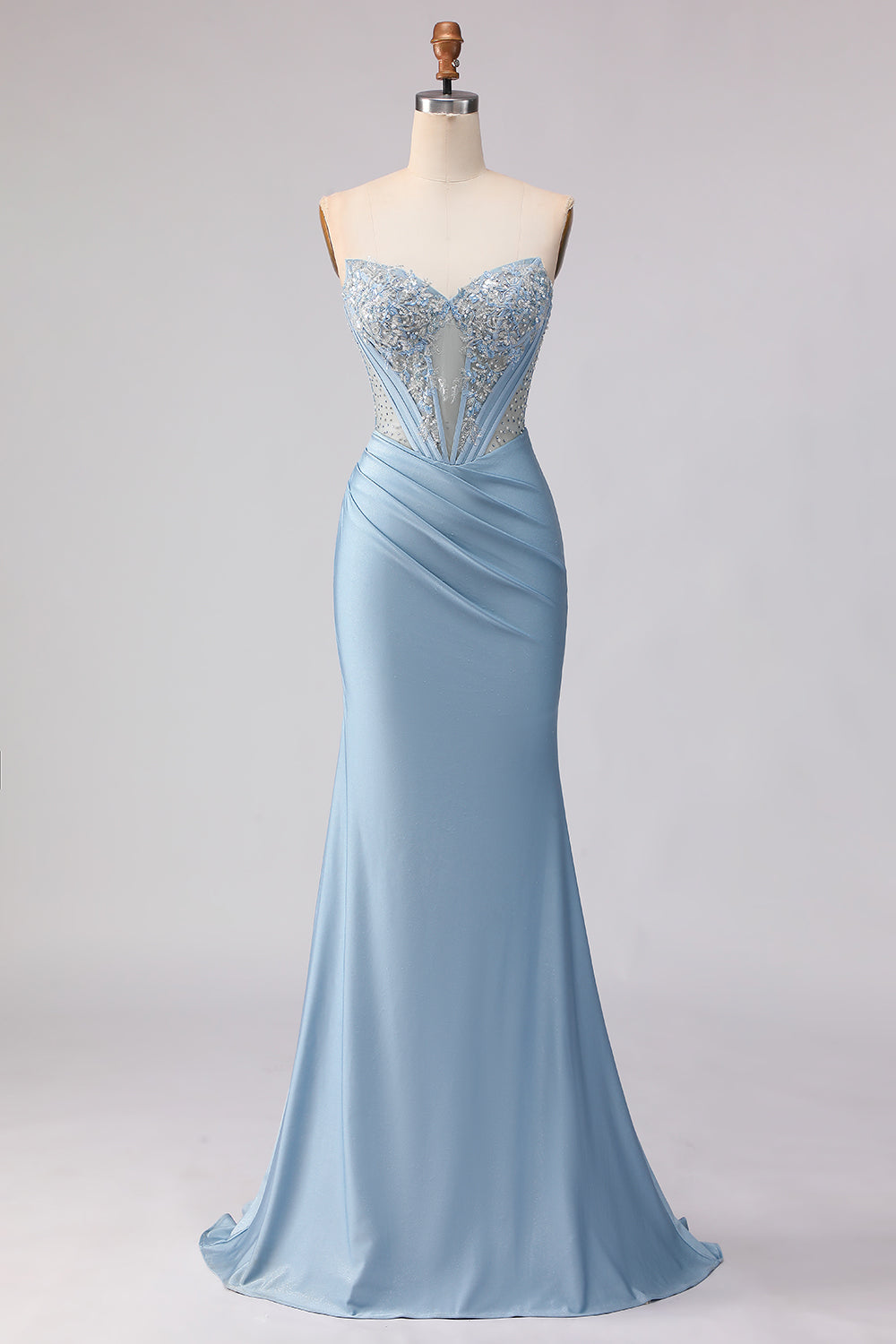 Sky Blue Mermaid Satin Beaded Sweetheart Long Corset Prom Dress