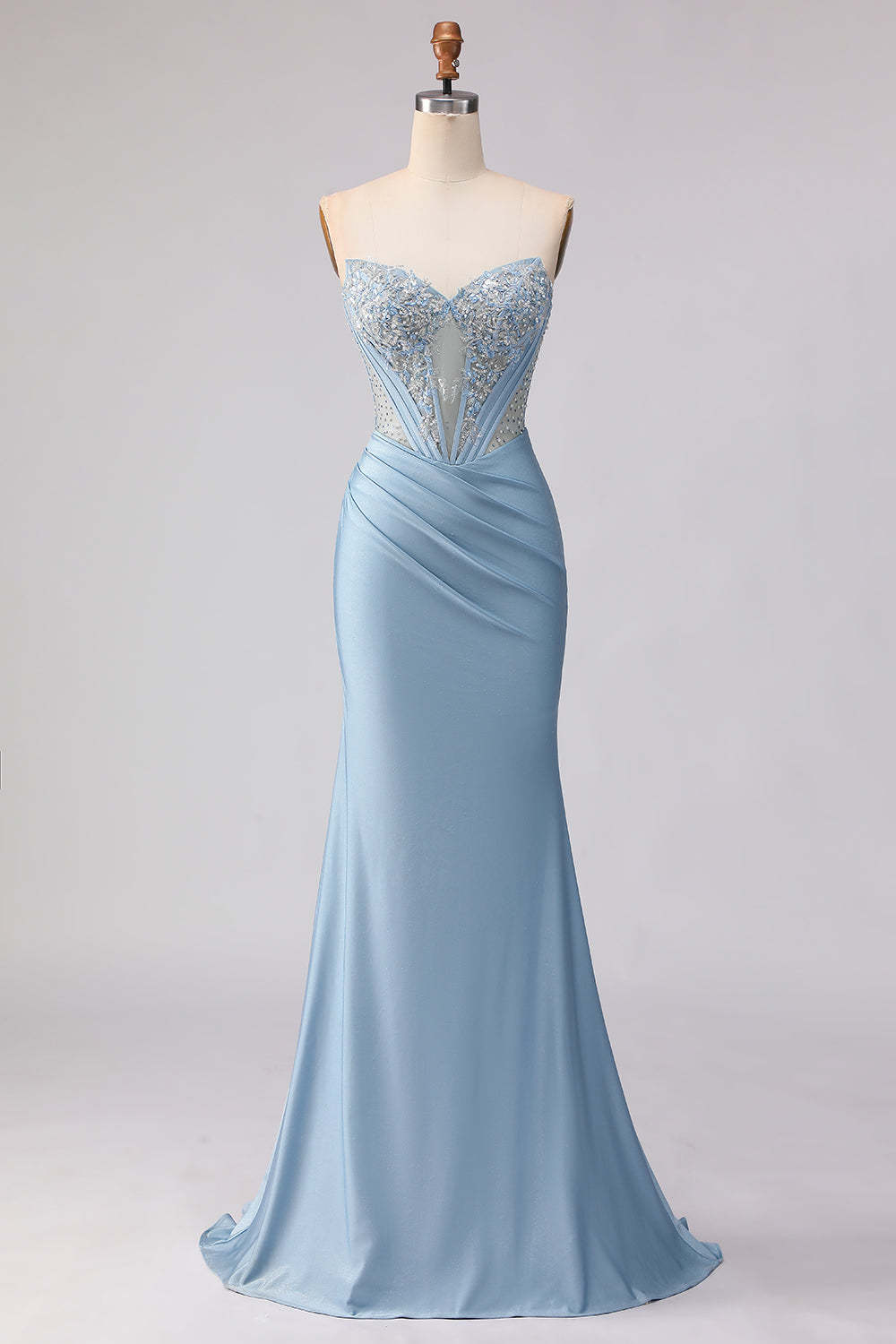 Sky Blue Mermaid Satin Beaded Sweetheart Maxi Corset Prom Dress