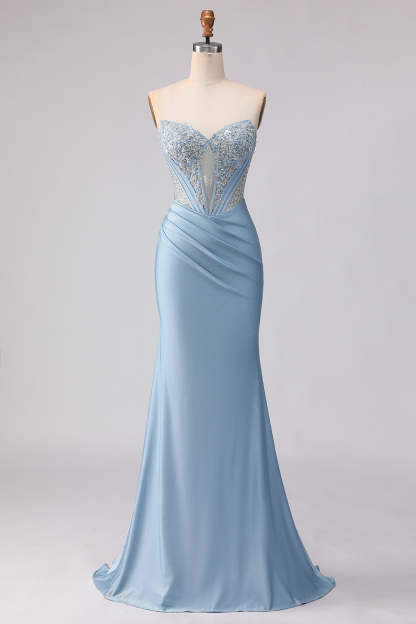 Sky Blue Mermaid Satin Beaded Sweetheart Maxi Corset Prom Dress