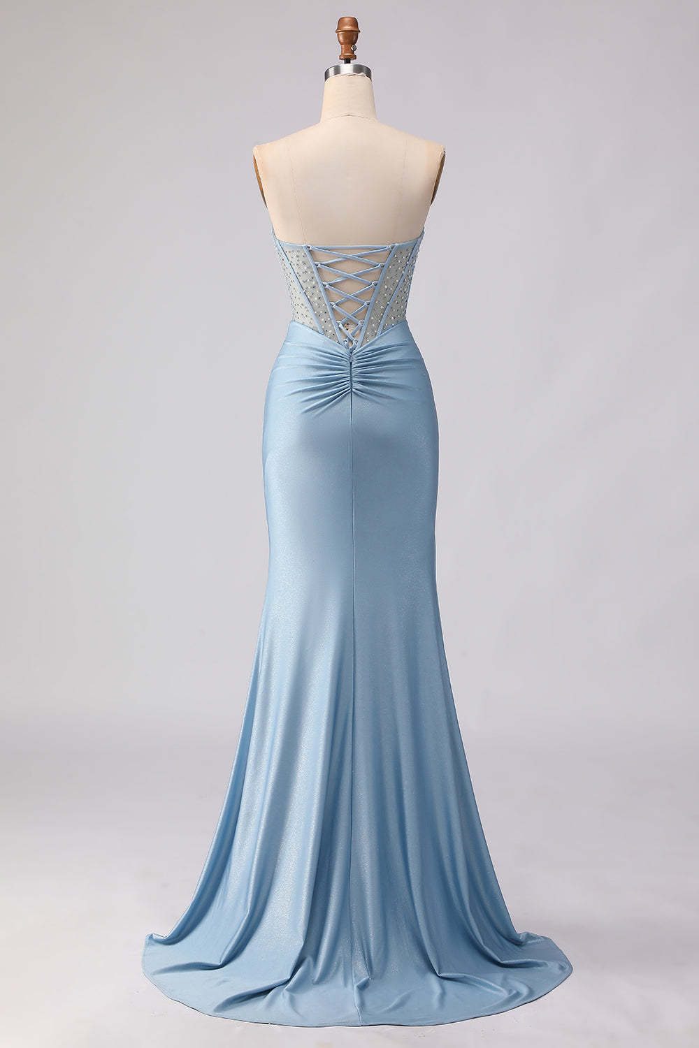 Sky Blue Mermaid Satin Beaded Sweetheart Maxi Corset Prom Dress