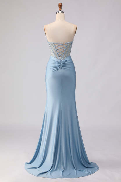 Sky Blue Mermaid Satin Beaded Sweetheart Maxi Corset Prom Dress