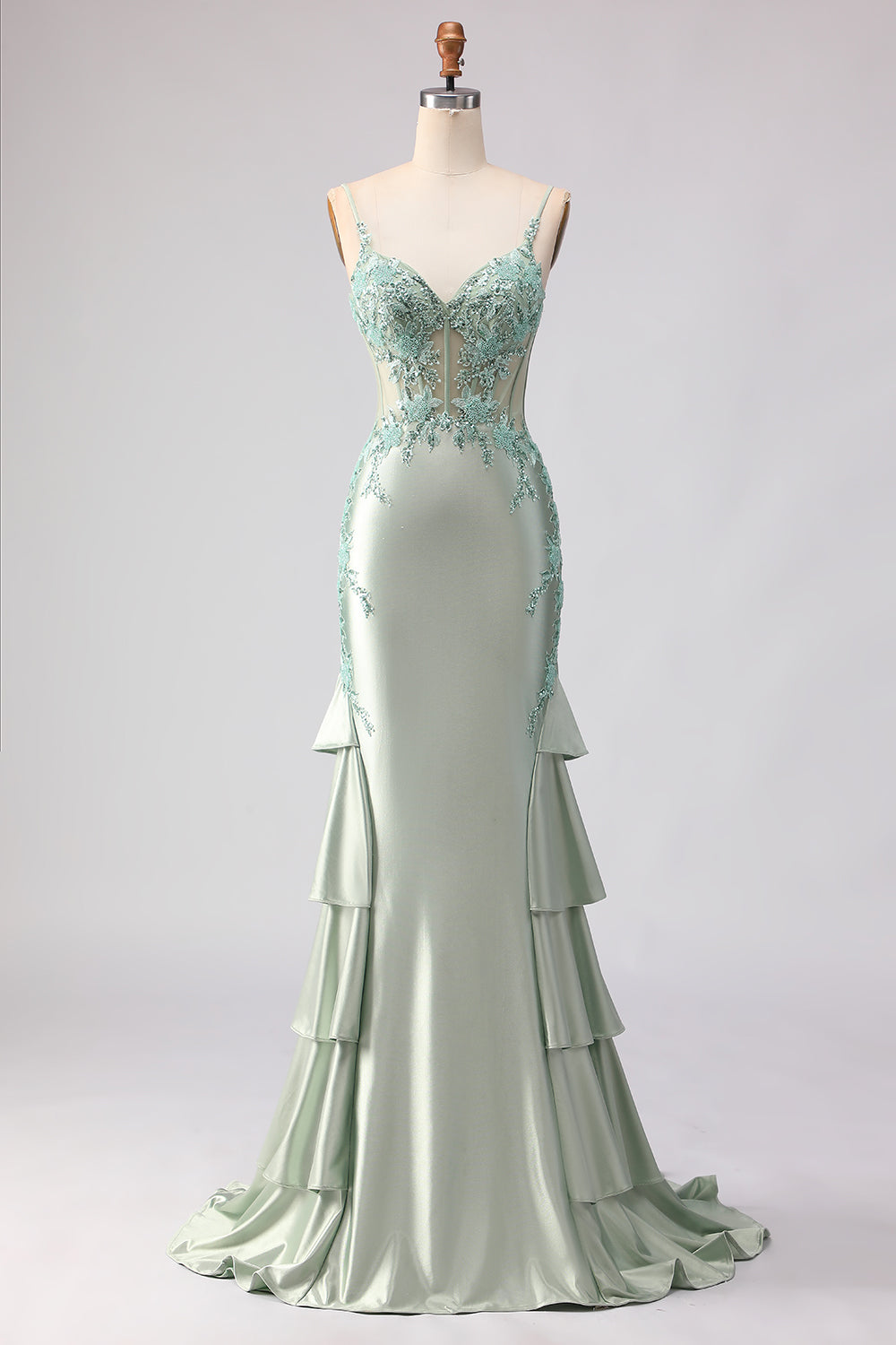 Floral Light Green Beaded Mermaid Sheer Boned Corset Maxi Prom Dress with Ruffles