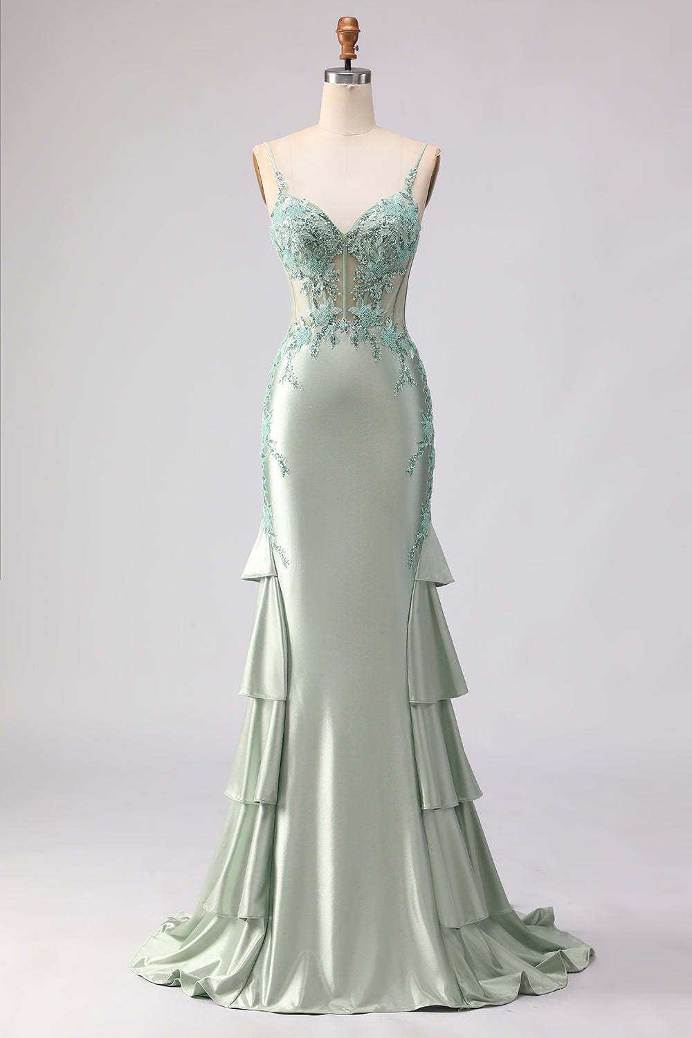Floral Light Green Beaded Mermaid Sheer Boned Corset Maxi Prom Dress with Ruffles