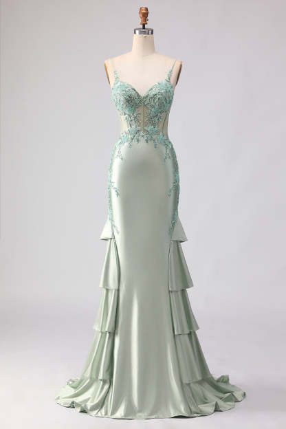 Floral Light Green Beaded Mermaid Sheer Boned Corset Maxi Prom Dress with Ruffles