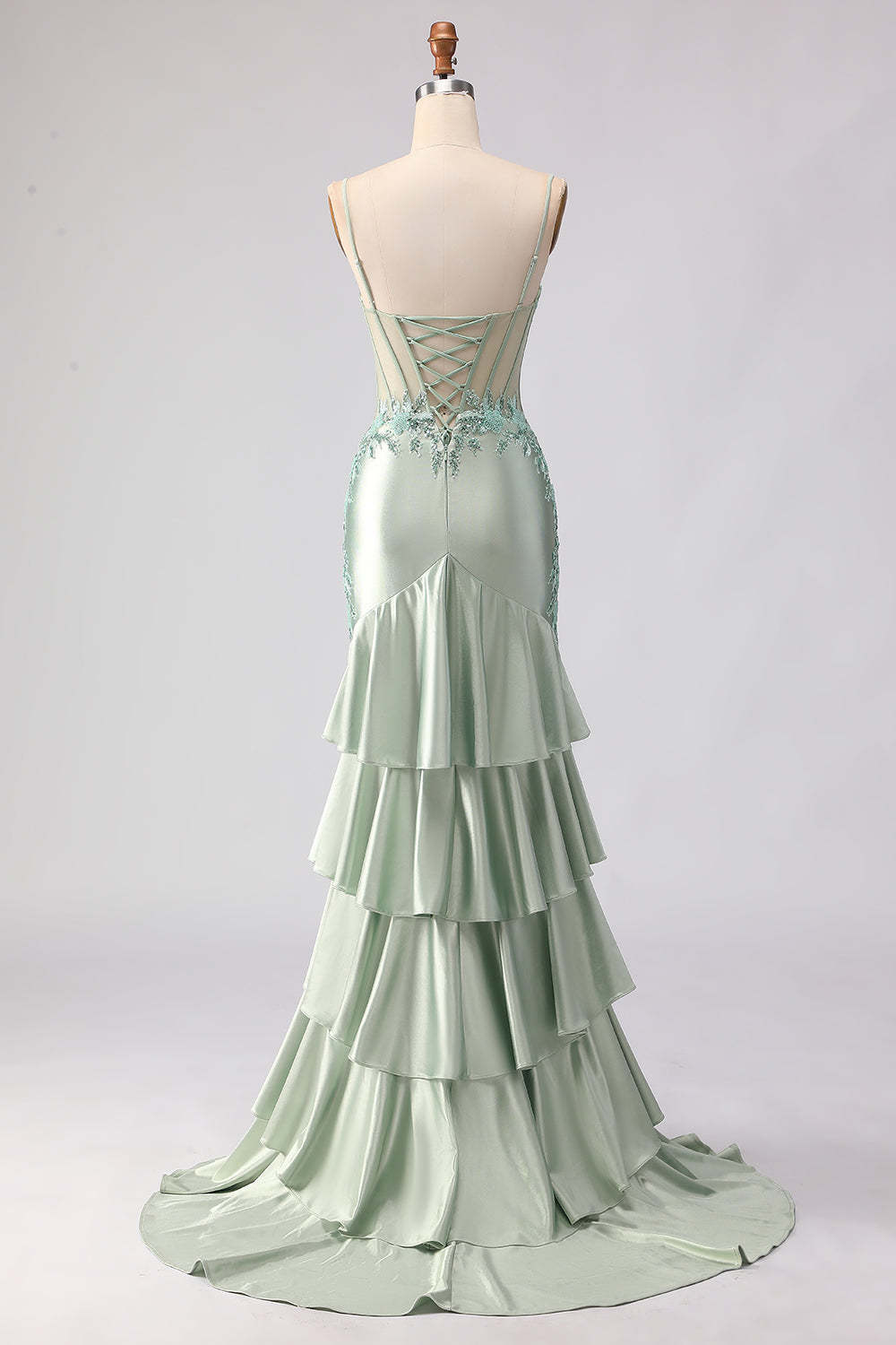 Floral Light Green Beaded Mermaid Sheer Boned Corset Maxi Prom Dress with Ruffles