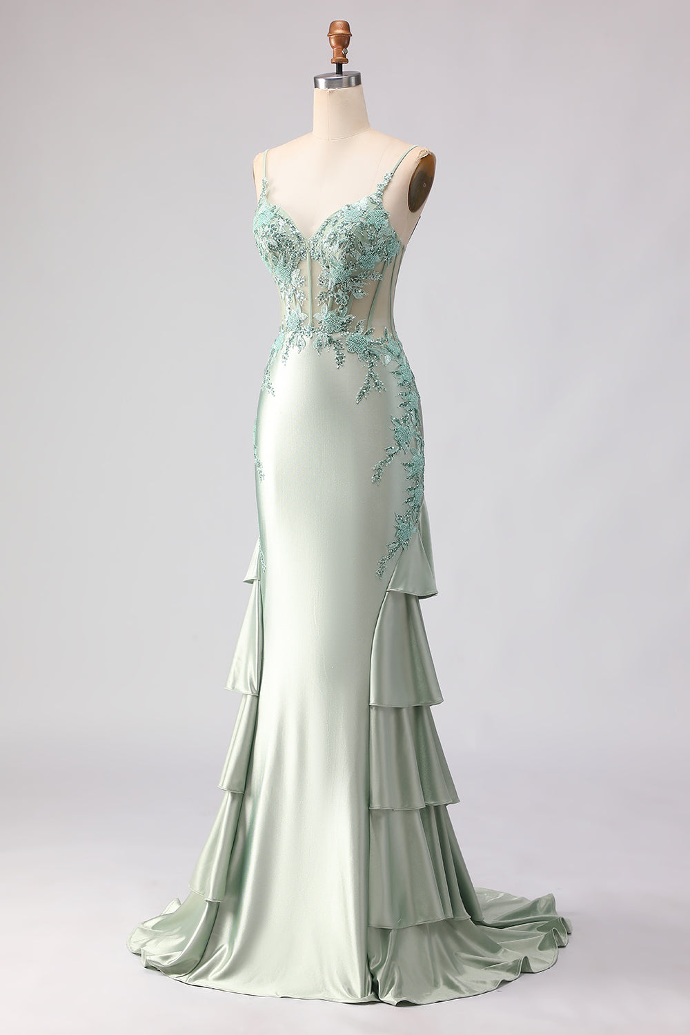 Floral Light Green Beaded Mermaid Long Corset Prom Dress with Ruffles