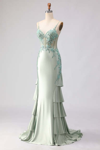 Floral Light Green Beaded Mermaid Long Corset Prom Dress with Ruffles