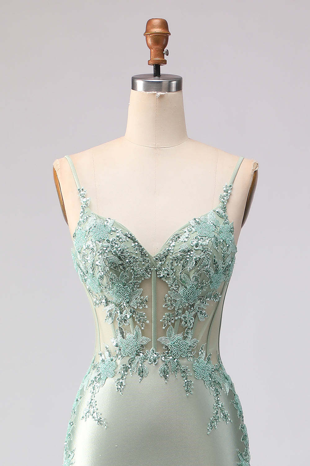 Floral Light Green Beaded Mermaid Long Corset Prom Dress with Ruffles