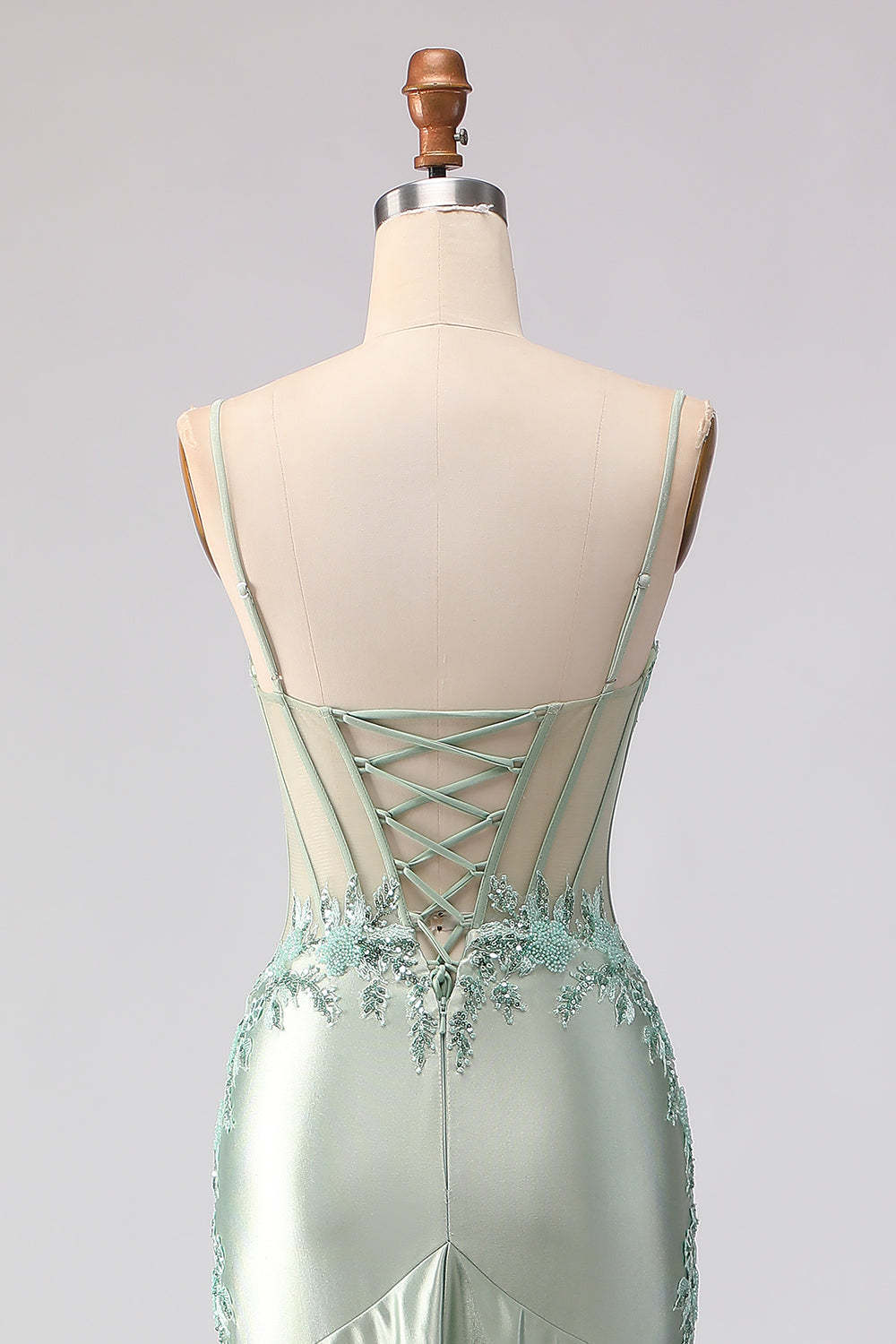 Floral Light Green Beaded Mermaid Long Corset Prom Dress with Ruffles