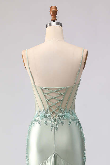 Floral Light Green Beaded Mermaid Long Corset Prom Dress with Ruffles