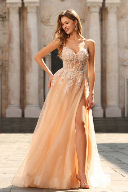 Floral Sage Green Beaded Tulle Lace Maxi Corset Prom Dress with Slit