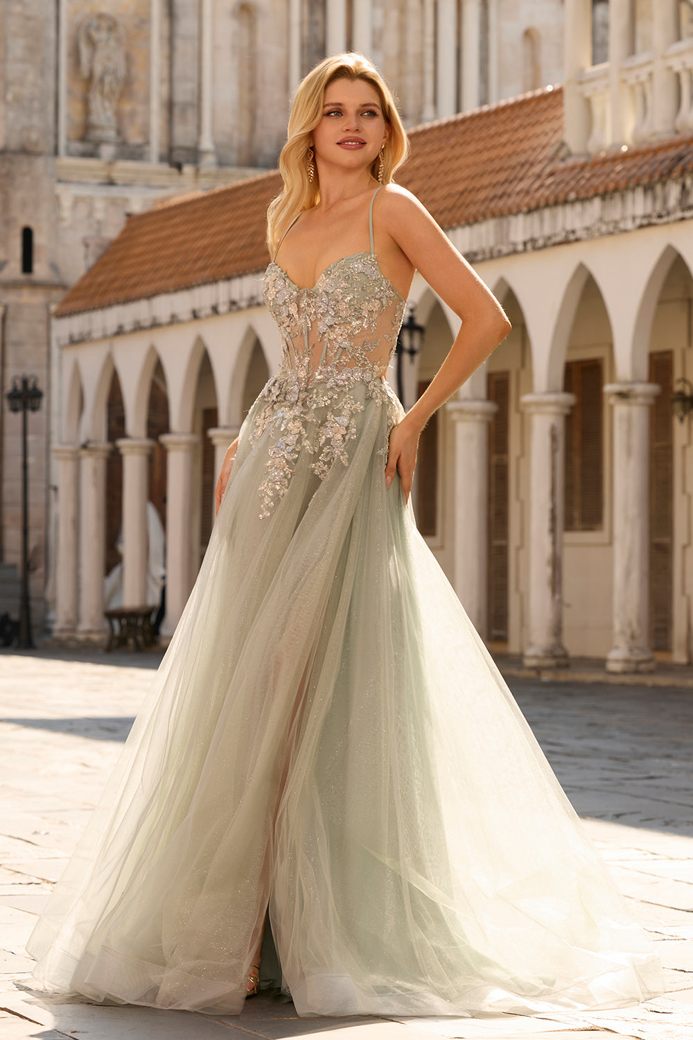 Floral Sage Green Beaded Tulle Lace Maxi Corset Prom Dress with Slit