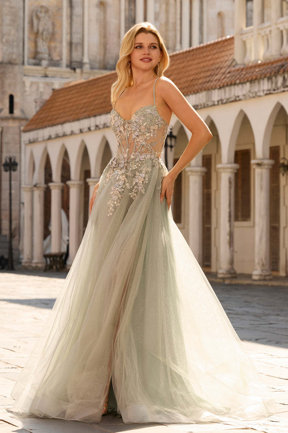 Floral Sage Green Beaded Tulle Lace Maxi Corset Prom Dress with Slit