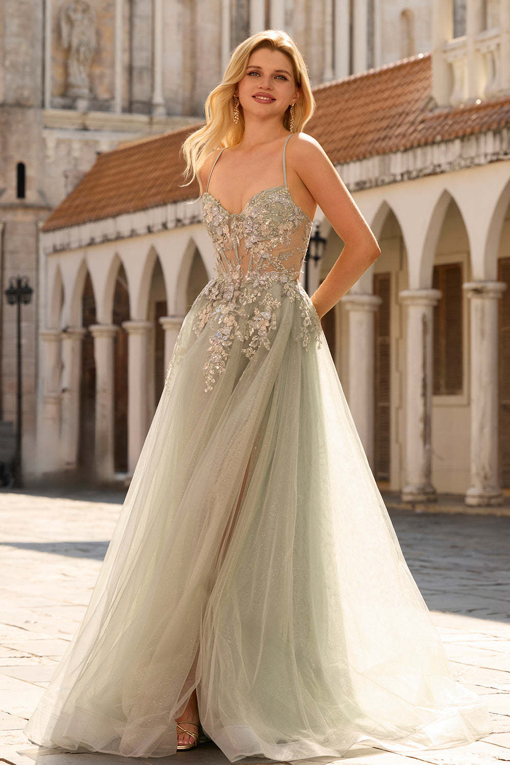 Floral Sage Green Beaded Tulle Lace Maxi Corset Prom Dress with Slit
