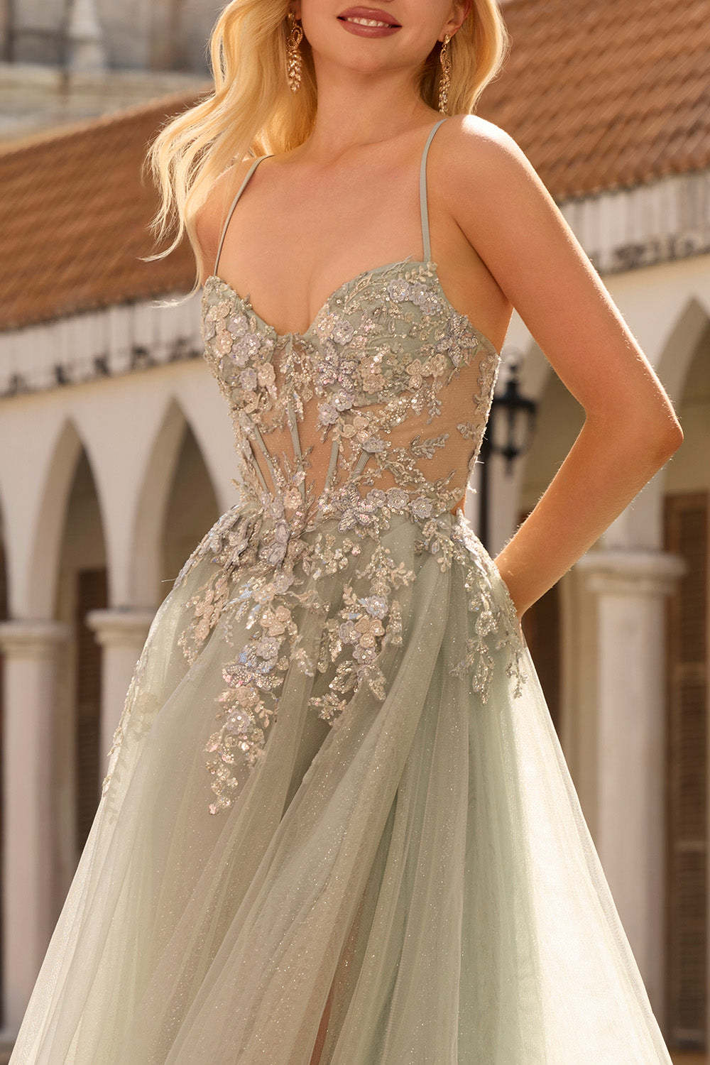 Floral Sage Green Beaded Tulle Lace Maxi Corset Prom Dress with Slit