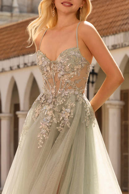 Floral Sage Green Beaded Tulle Lace Maxi Corset Prom Dress with Slit