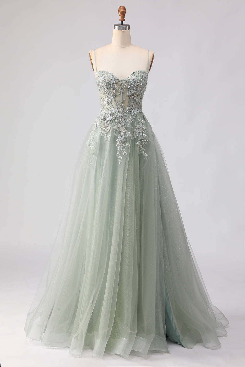 Floral Sage Green Beaded Tulle Lace Maxi Corset Prom Dress with Slit