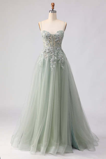 Floral Sage Green Beaded Tulle Lace Maxi Corset Prom Dress with Slit