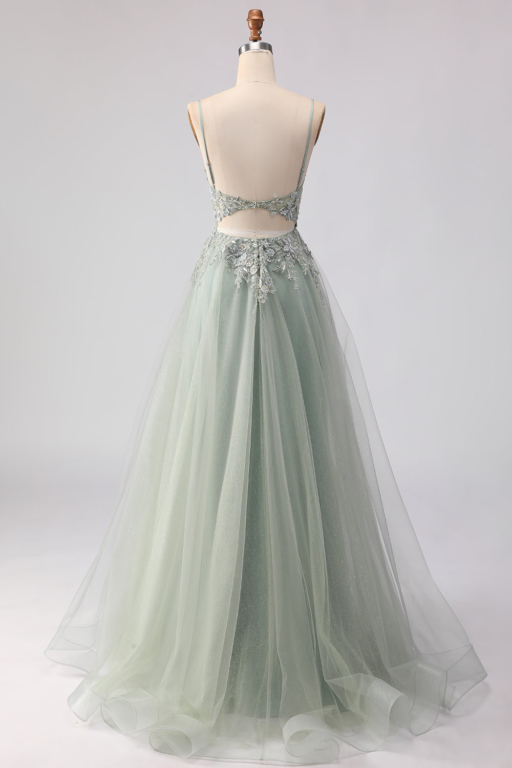 Floral Sage Green Beaded Tulle Lace Maxi Corset Prom Dress with Slit