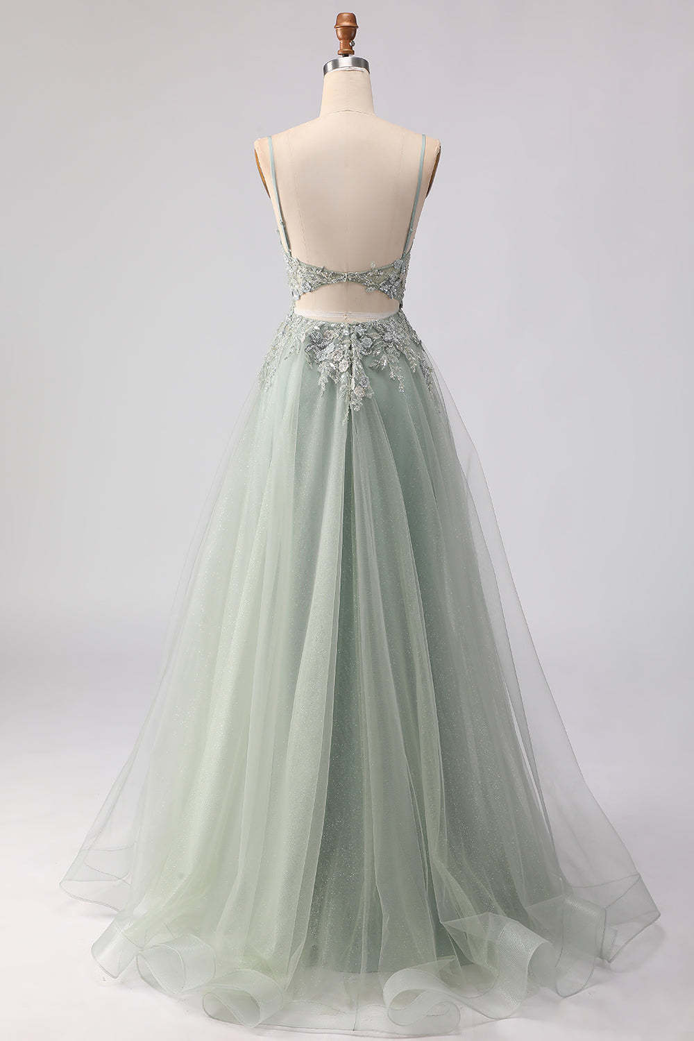 Floral Sage Green Beaded Tulle Lace Maxi Corset Prom Dress with Slit