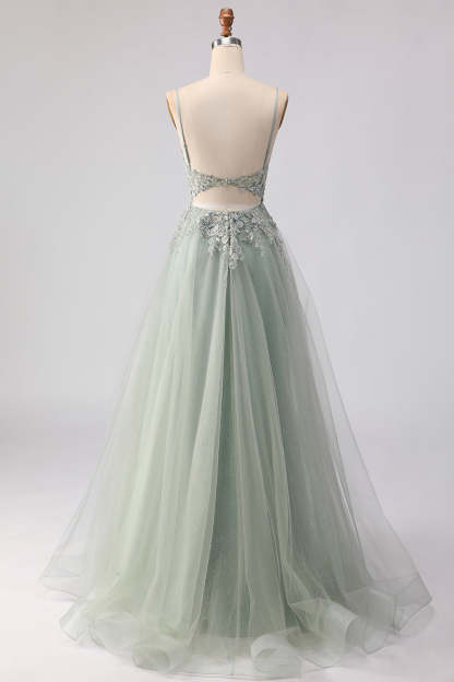 Floral Sage Green Beaded Tulle Lace Maxi Corset Prom Dress with Slit