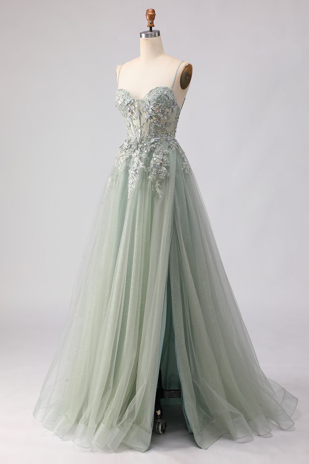 Floral Sage Green Beaded Tulle Lace Long Corset Prom Dress with Slit