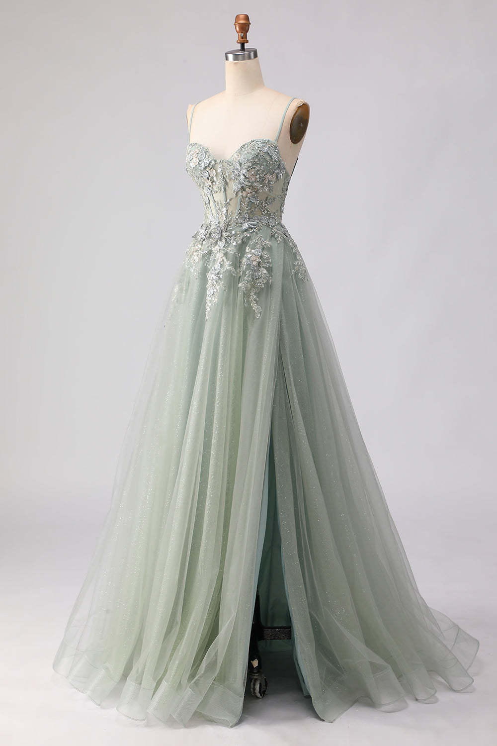 Floral Sage Green Beaded Tulle Lace Long Corset Prom Dress with Slit