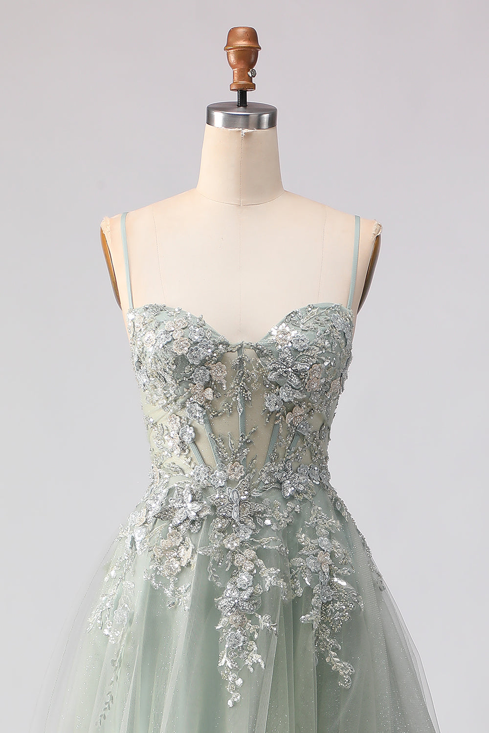 Floral Sage Green Beaded Tulle Lace Long Corset Prom Dress with Slit