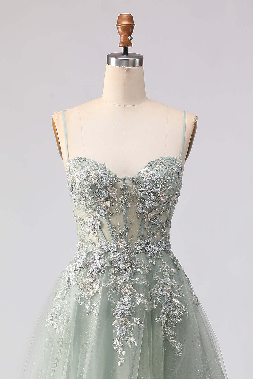 Floral Sage Green Beaded Tulle Lace Long Corset Prom Dress with Slit