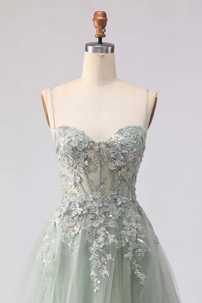 Floral Sage Green Beaded Tulle Lace Long Corset Prom Dress with Slit