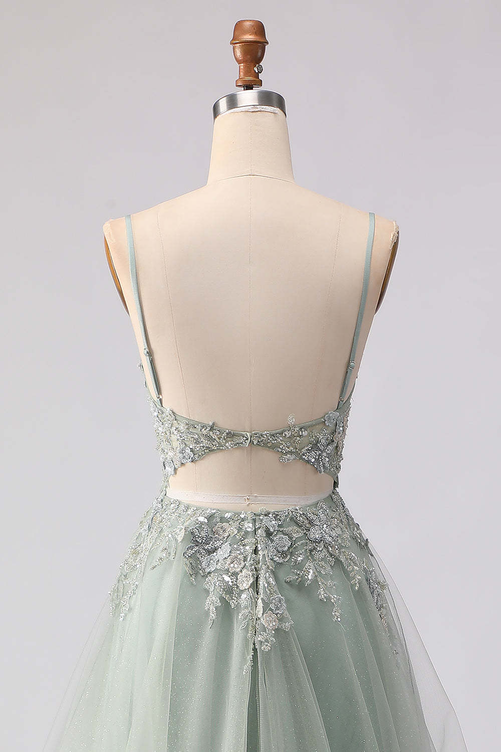 Floral Sage Green Beaded Tulle Lace Long Corset Prom Dress with Slit