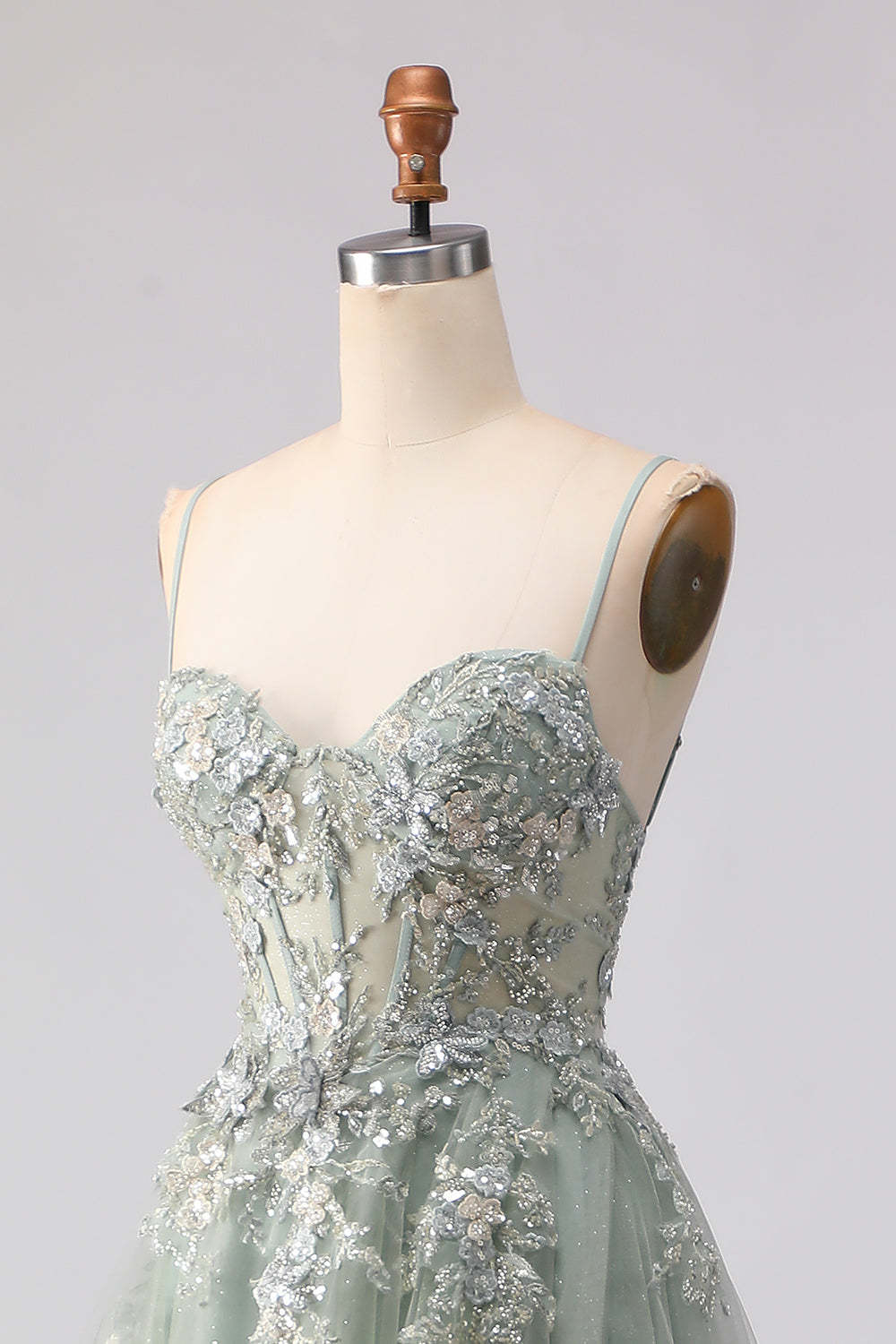 Floral Sage Green Beaded Tulle Lace Long Corset Prom Dress with Slit