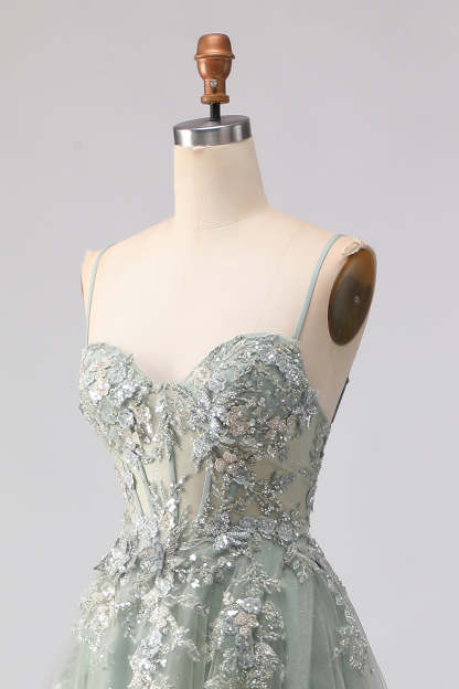 Floral Sage Green Beaded Tulle Lace Long Corset Prom Dress with Slit
