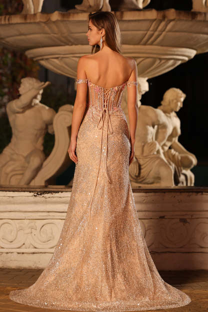 Sparkly Peach Off the Shoulder Maxi Corset Prom Dress with Slit