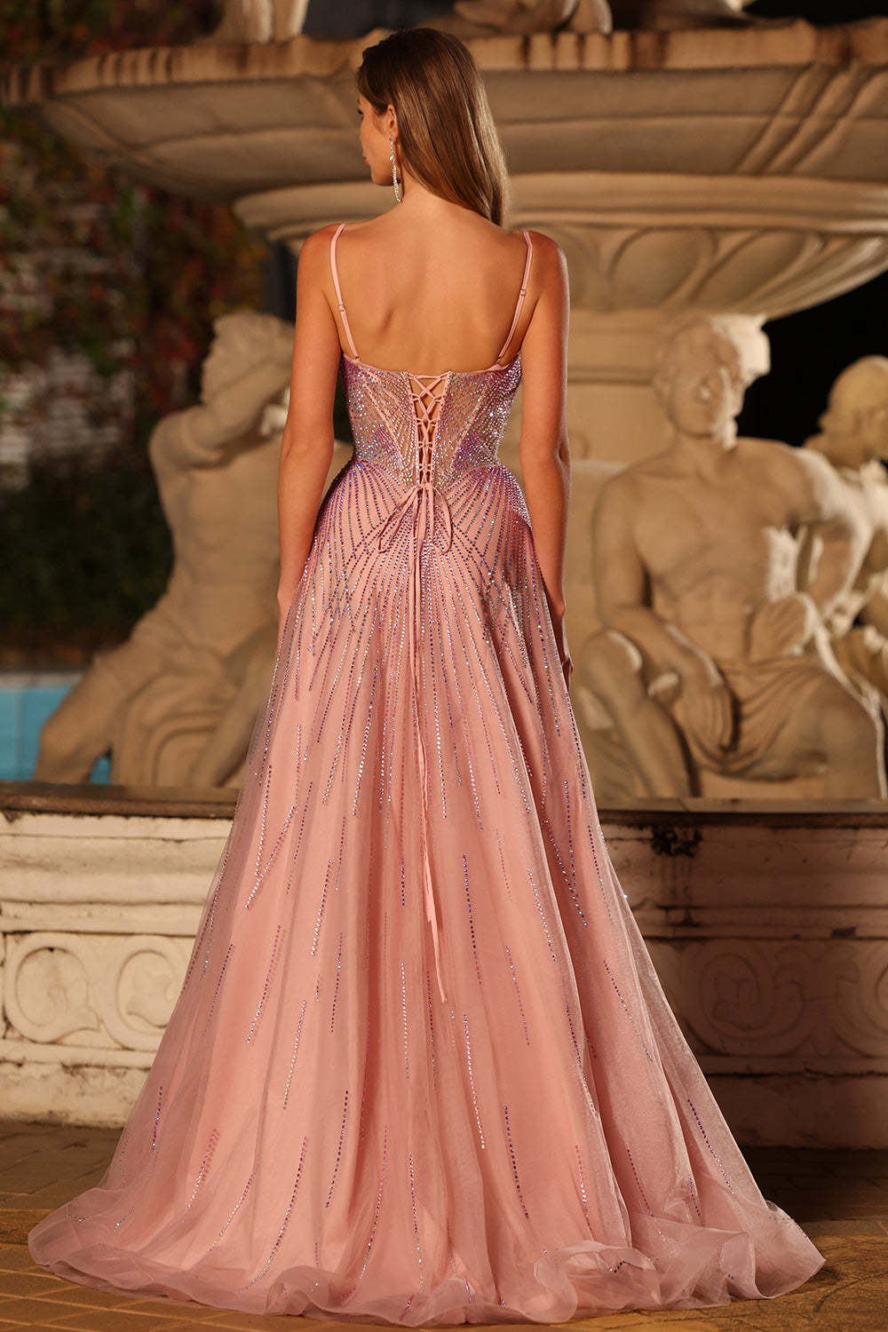 Sparkly Pink Spaghetti Straps Maxi Corset Prom Dress with Beading
