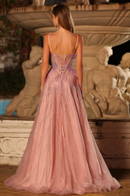 Sparkly Pink Spaghetti Straps Maxi Corset Prom Dress with Beading