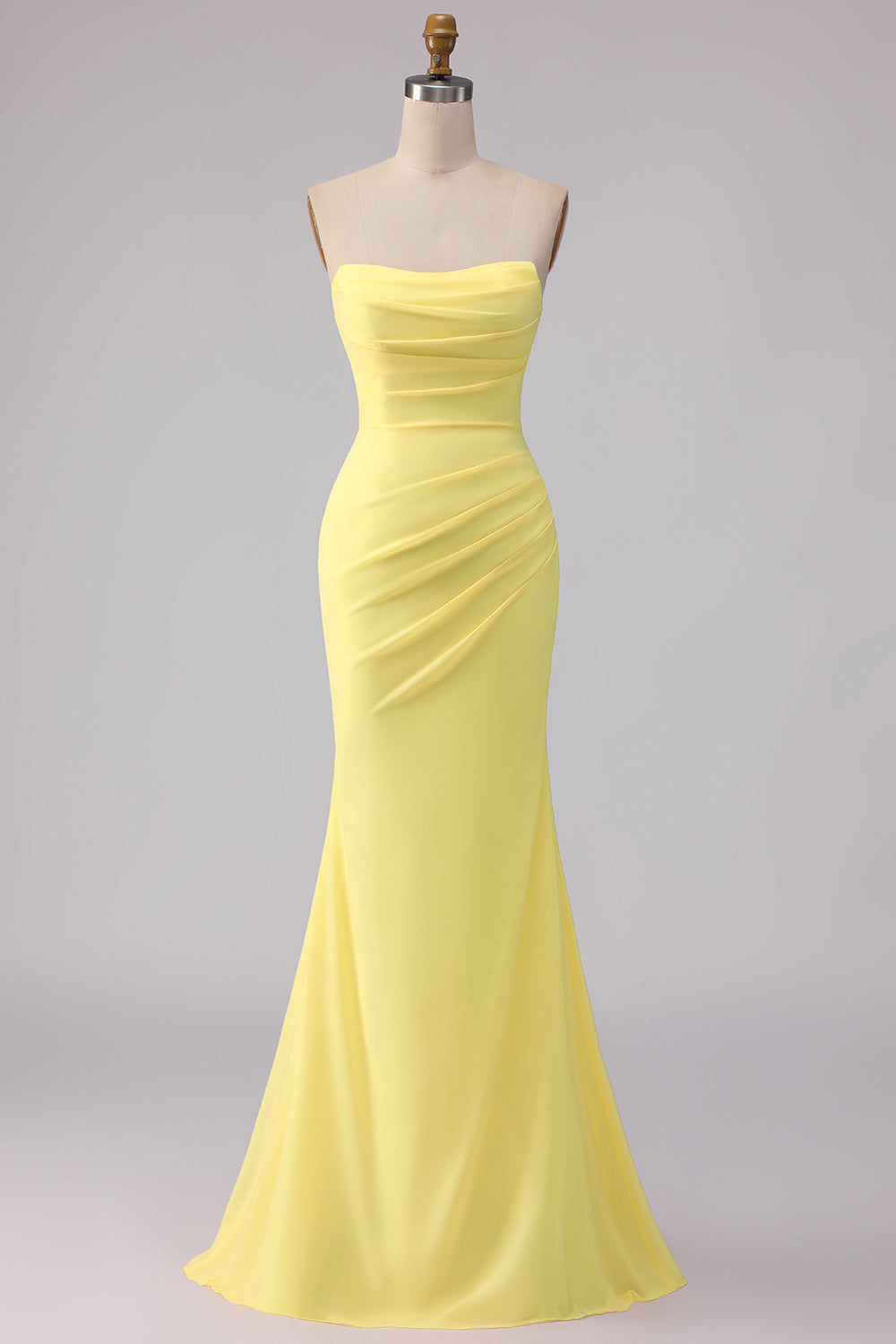 Yellow Mermaid Chiffon Ruched Strapless Long Bridesmaid Dress
