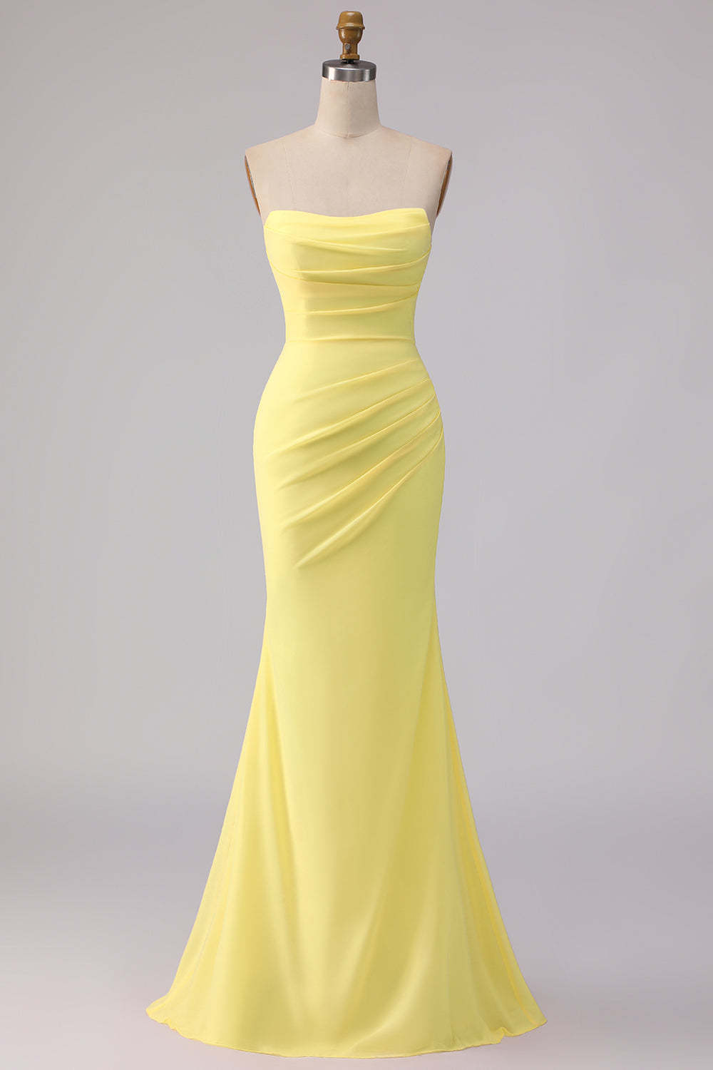 Leely Women Yellow Mermaid Chiffon Long Bridesmaid Dress Ruched Strapless Wedding Guest Dress