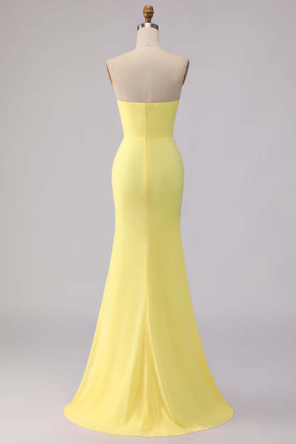 Yellow Mermaid Chiffon Ruched Strapless Long Bridesmaid Dress