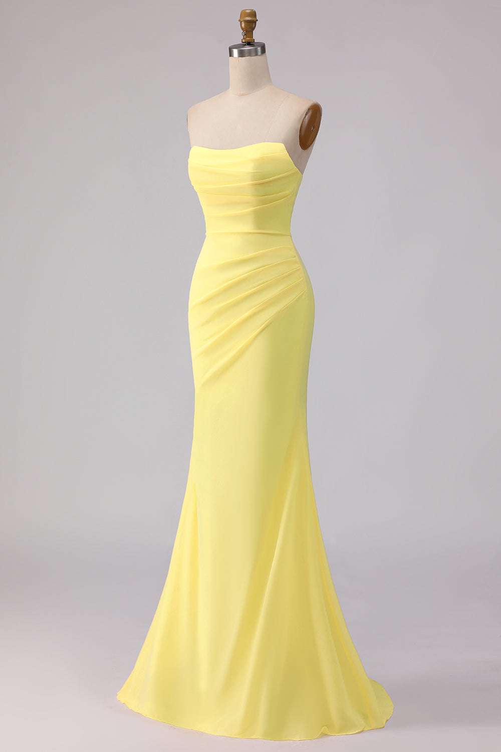 Yellow Mermaid Chiffon Ruched Strapless Long Bridesmaid Dress