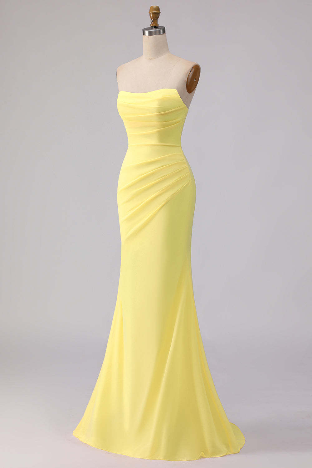 Yellow Mermaid Chiffon Ruched Strapless Long Bridesmaid Dress